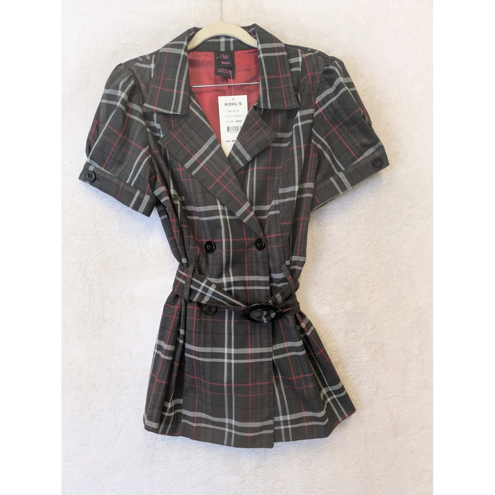 NEW Wrapper Blazer Top Junior's L Black Red Plaid Double Breasted